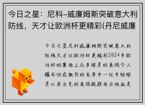 今日之星:尼科-威廉姆斯突破意大利防线,天才让欧洲杯更精彩(丹尼威廉姆斯vs大克)