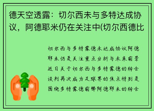德天空透露:切尔西未与多特达成协议,阿德耶米仍在关注中(切尔西德比对手)
