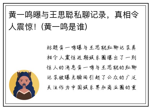 黄一鸣曝与王思聪私聊记录，真相令人震惊！(黄一鸣是谁)