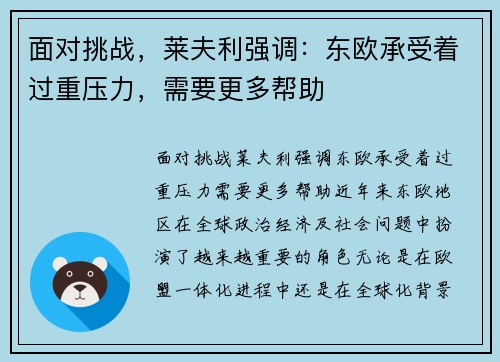 面对挑战,莱夫利强调:东欧承受着过重压力,需要更多帮助
