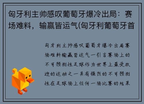 匈牙利主帅感叹葡萄牙爆冷出局：赛场难料，输赢皆运气(匈牙利葡萄牙首发阵容)
