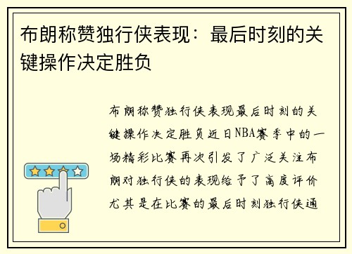 布朗称赞独行侠表现：最后时刻的关键操作决定胜负
