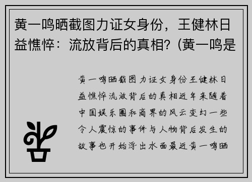 黄一鸣晒截图力证女身份，王健林日益憔悴：流放背后的真相？(黄一鸣是谁)